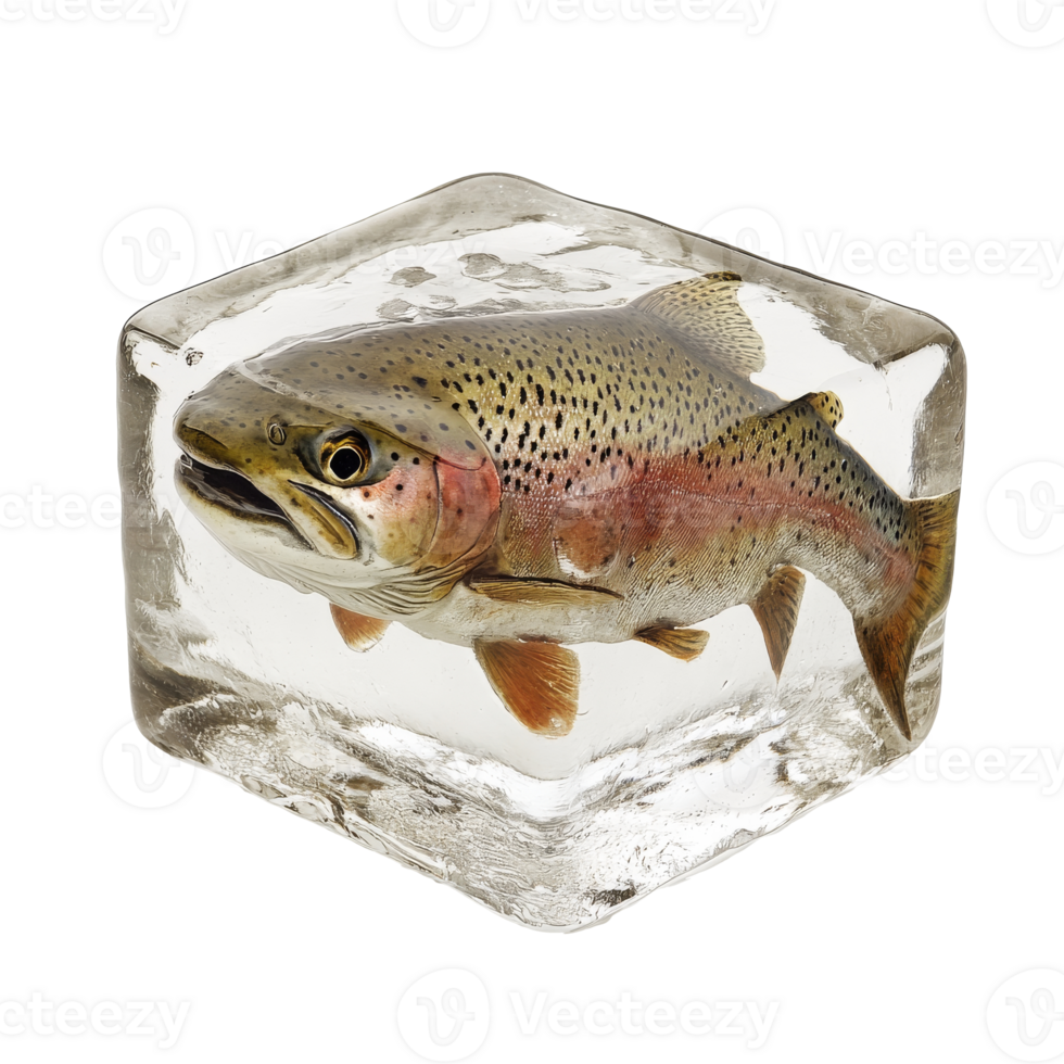 Rainbow trout encased in ice on a solid block isolated transparent png