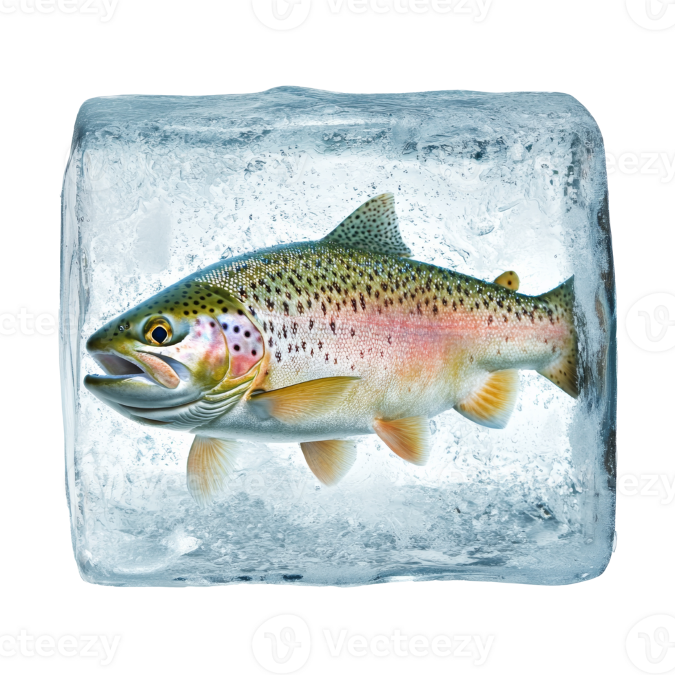 Freshwater trout preserved in a block of ice isolated transparent png