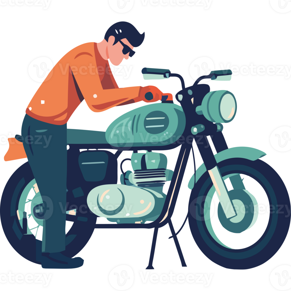 A man is fixing a motorcycle on a black background png