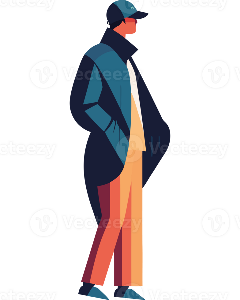 Man in a hat and coat standing in front of a black background png