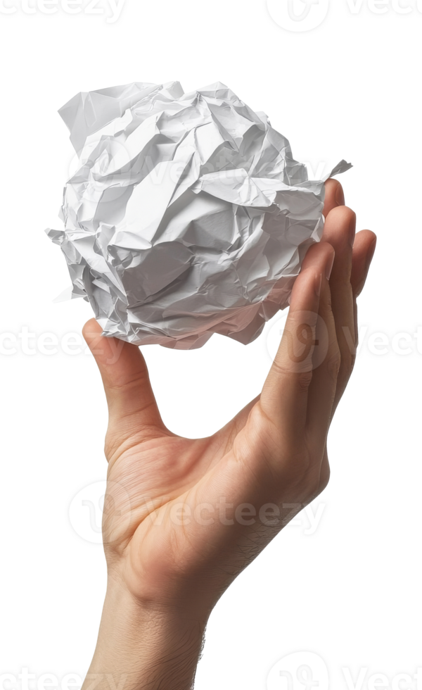Hand holding a crumpled piece of white paper isolated transparent png