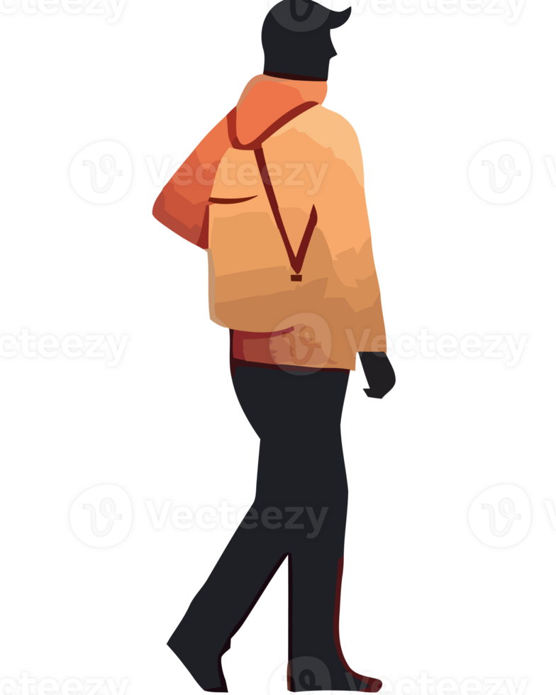 A man in a backpack walking on a black background png