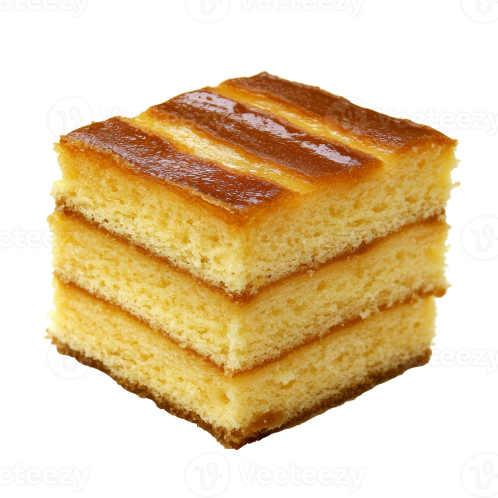 Tasty layered cake with golden frosting isolated transparent png