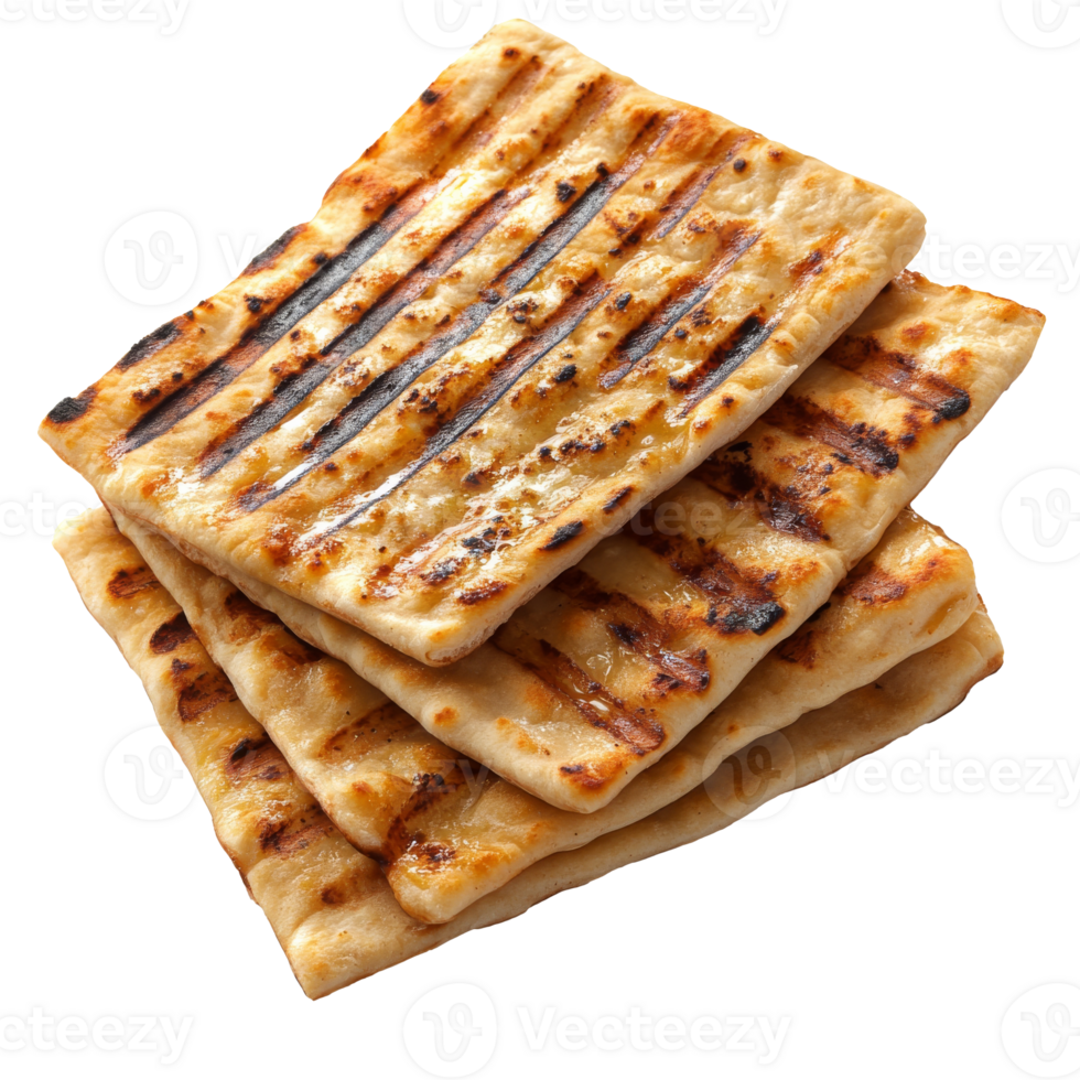 Grilled flatbreads stacked on a white background isolated transparent png