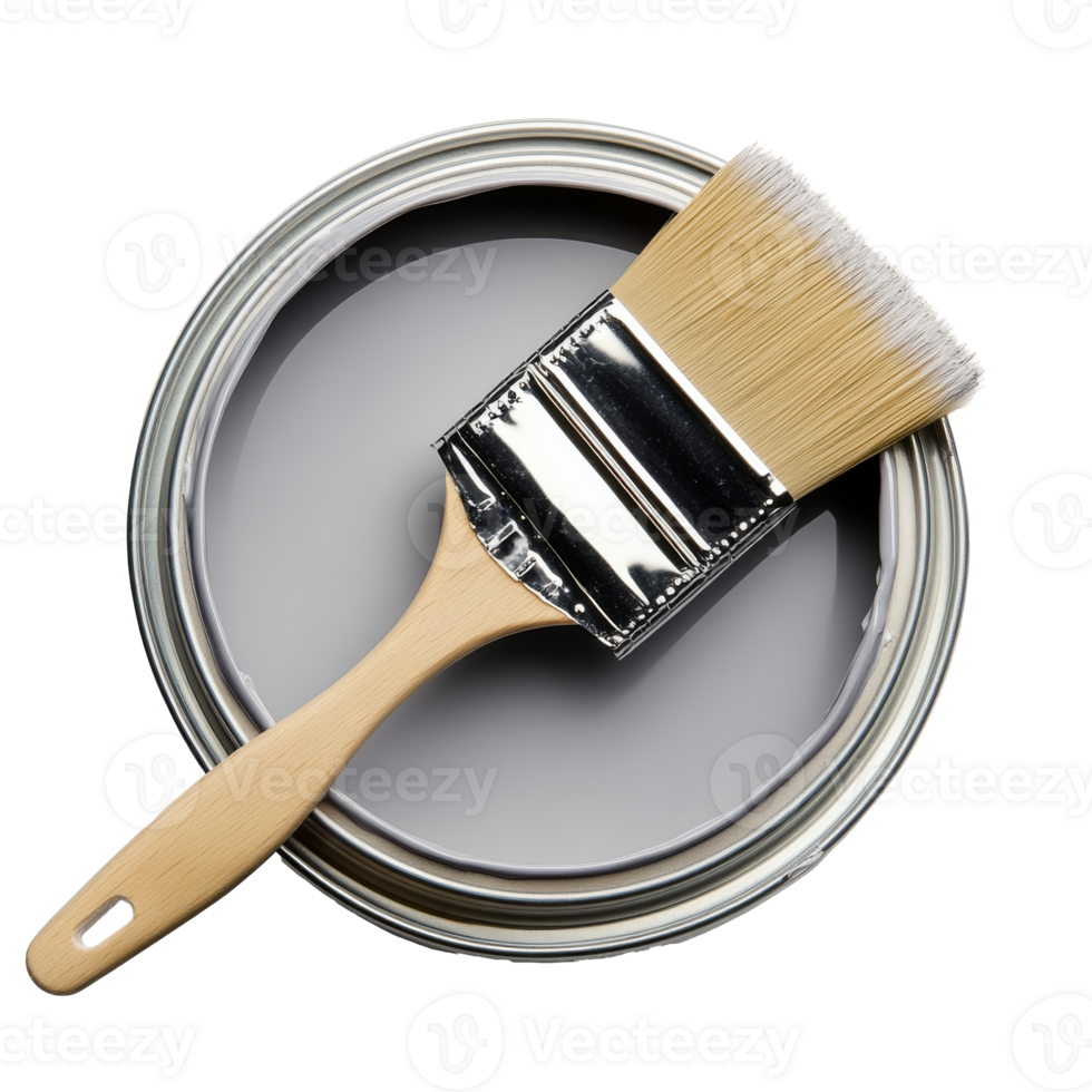 A brush resting on a can of gray paint at home isolated transparent png