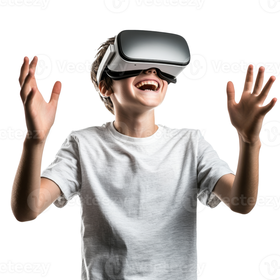 Excited child experiencing virtual reality at home isolated transparent png