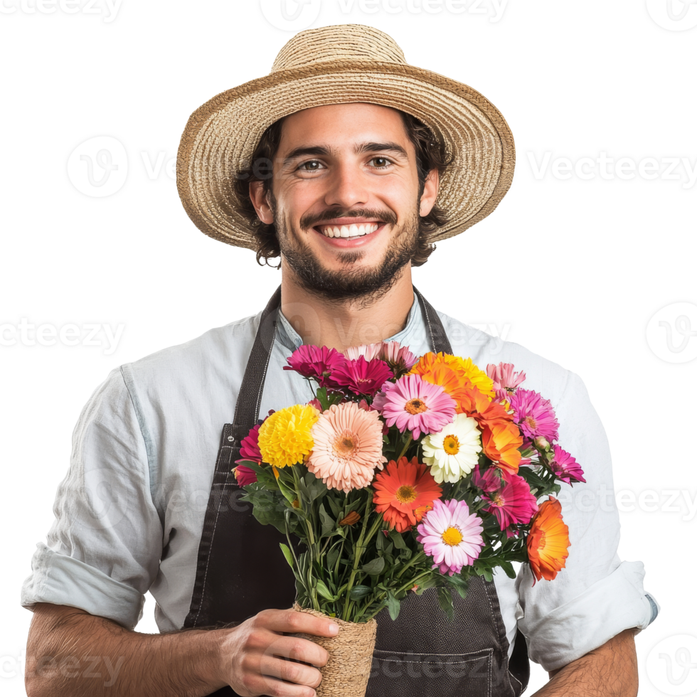 Smiling florist holding a colorful flower bouquet isolated transparent png