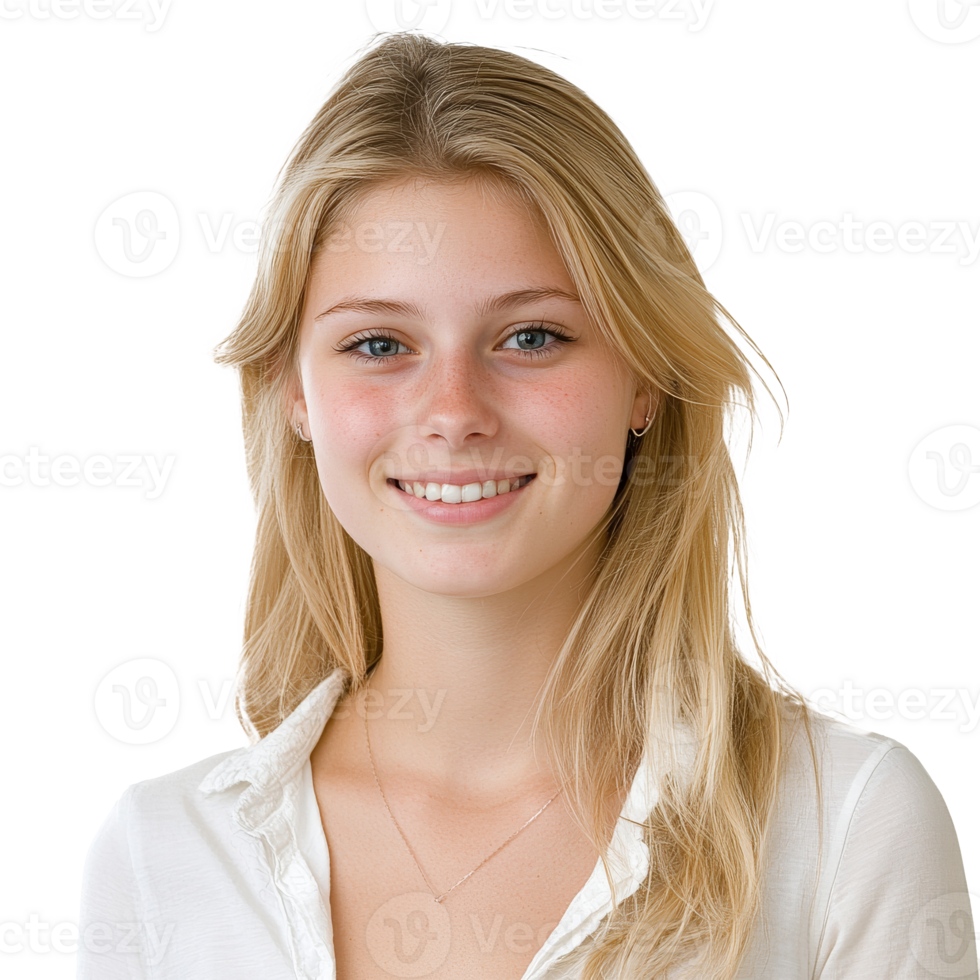 Young woman with blonde hair smiles warmly indoors isolated transparent png