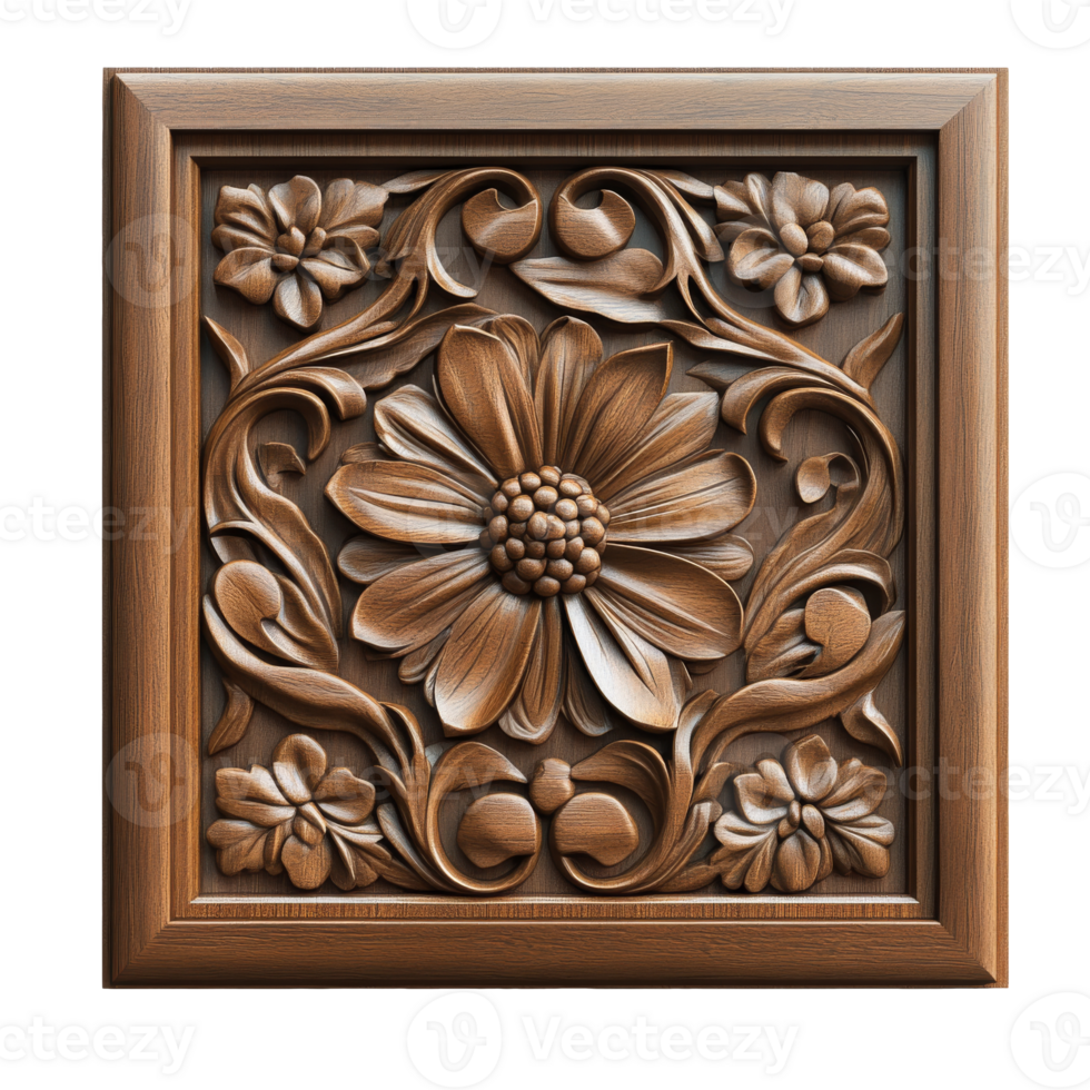 Intricate wooden floral carving in detailed frame isolated transparent png