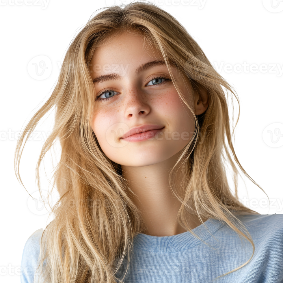 Smiling young woman with long hair isolated transparent png