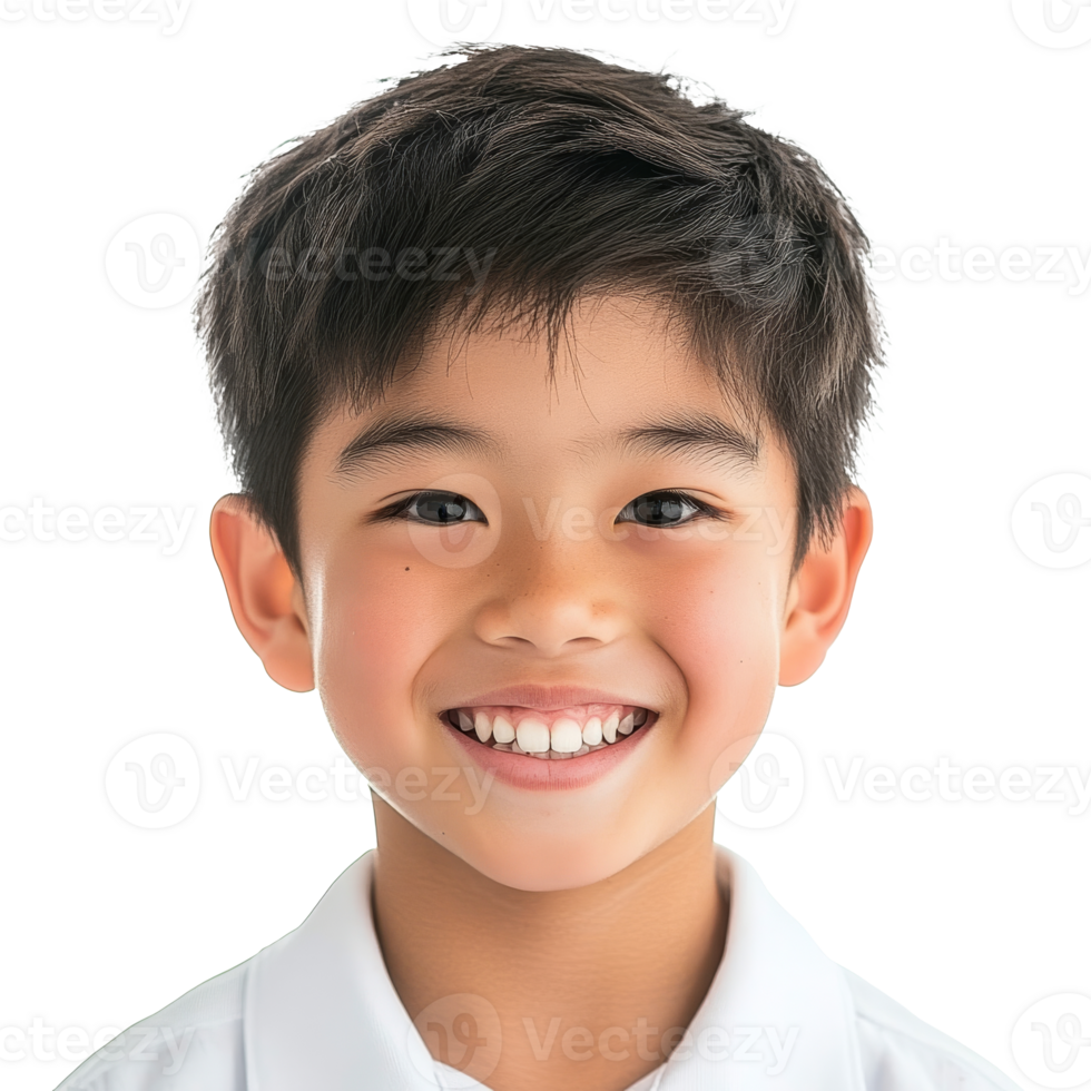 Young boy smiling brightly in a portrait setting isolated transparent png