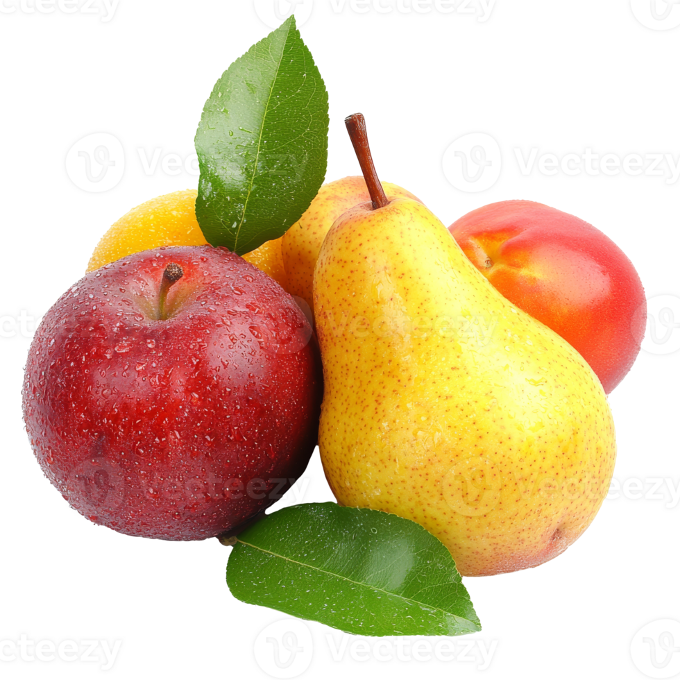 Fresh apples and pears with leaves isolated transparent png