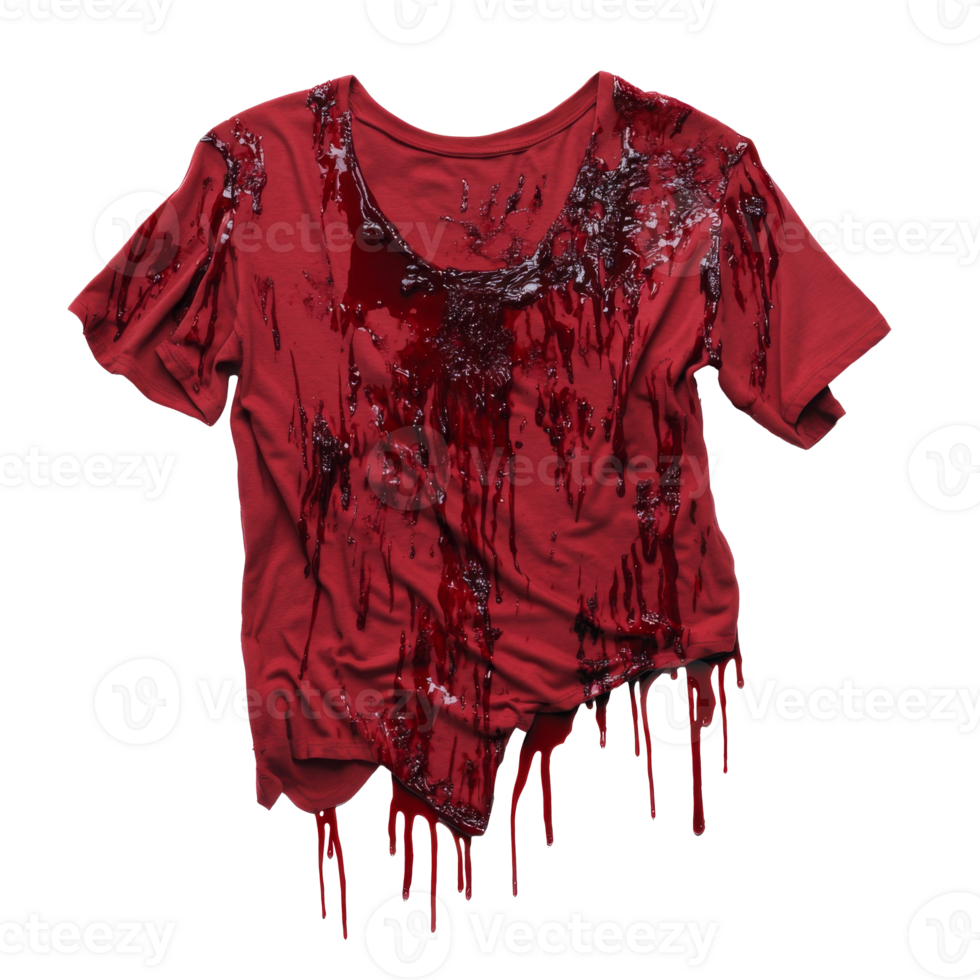 Red t shirt with a dramatic blood like design isolated transparent png