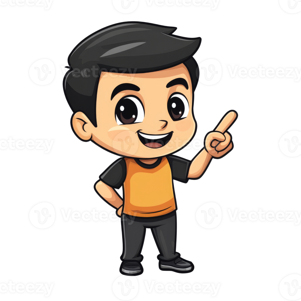 Happy cartoon boy pointing, smiling isolated transparent png
