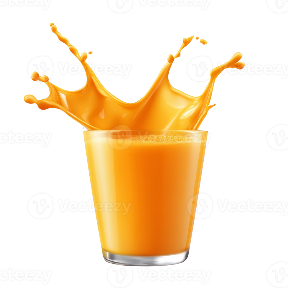 Fresh orange juice splashing from a glass in June isolated transparent png