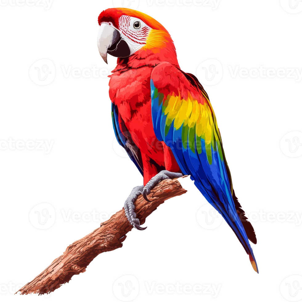 Colorful parrot on a tropical branch isolated transparent png