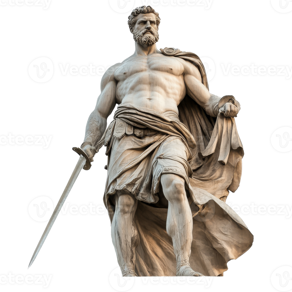 Muscular warrior statue with sword outside isolated transparent png