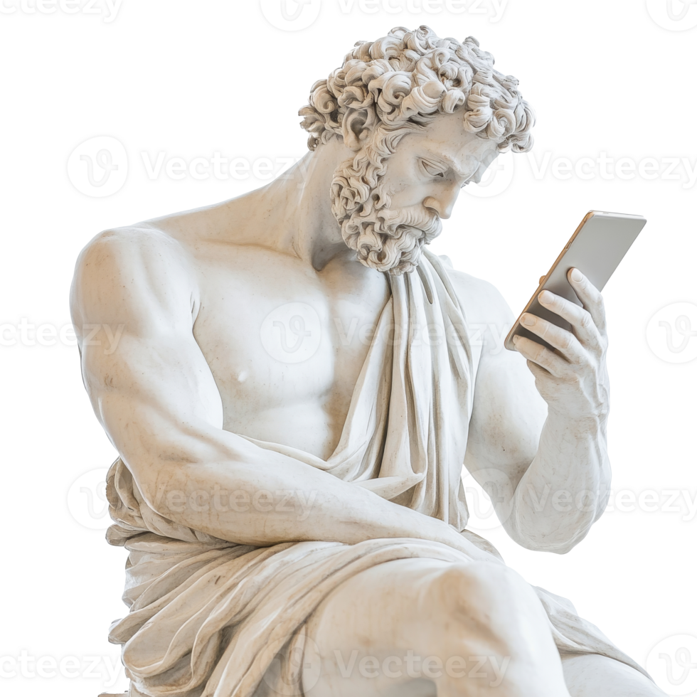 Classical statue of philosopher using a smartphone isolated transparent png