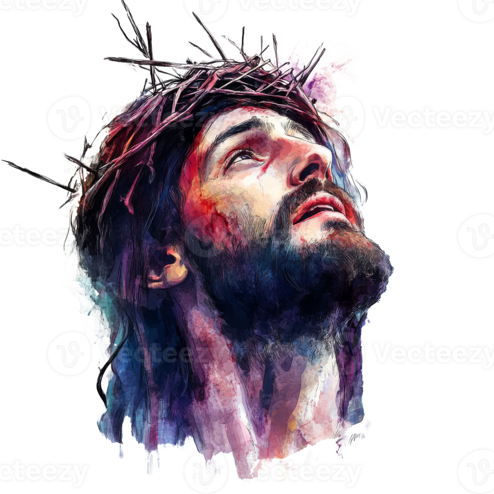 Figure in crown of thorns, gazing up isolated transparent png