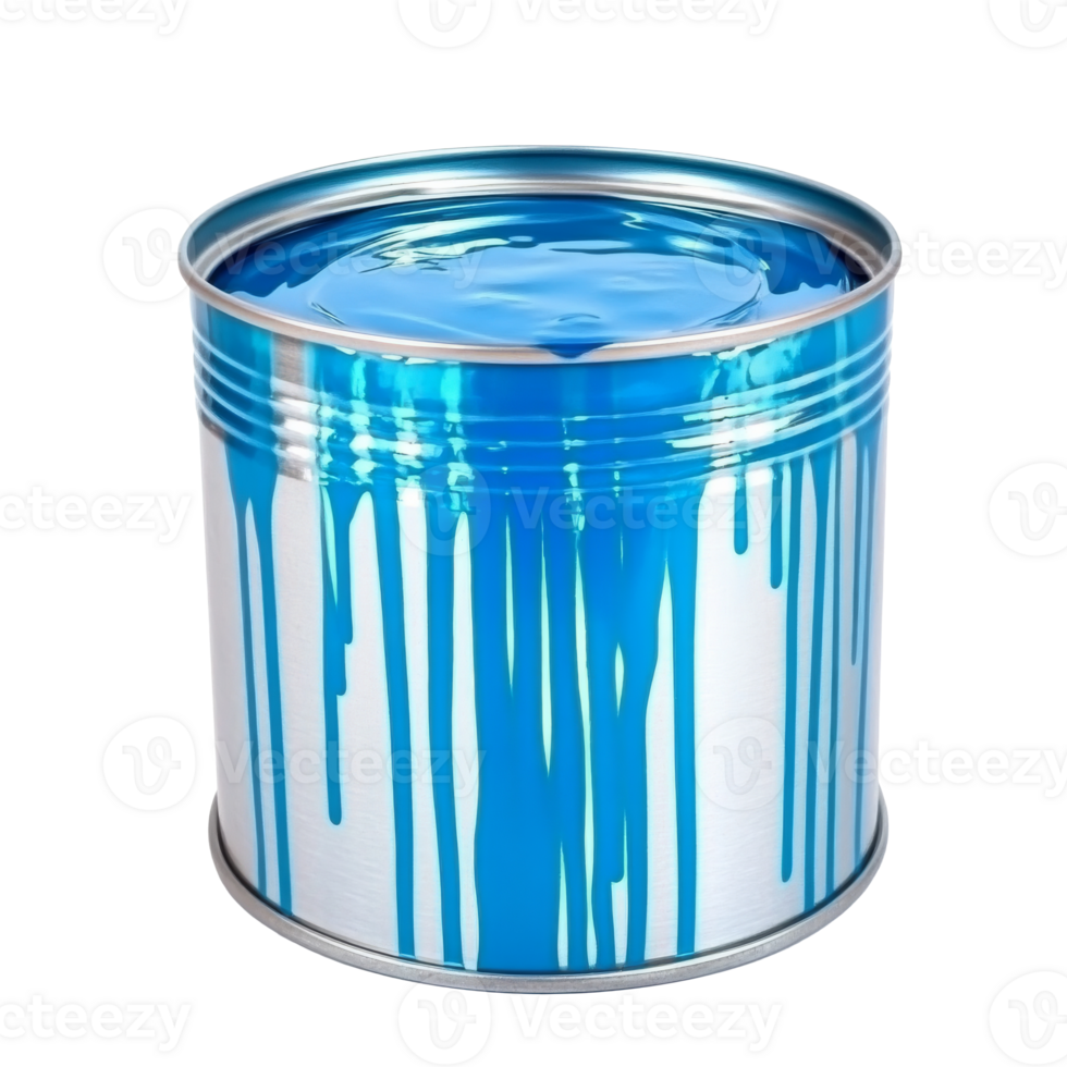 Vibrant blue paint dripping from a metal can isolated transparent png
