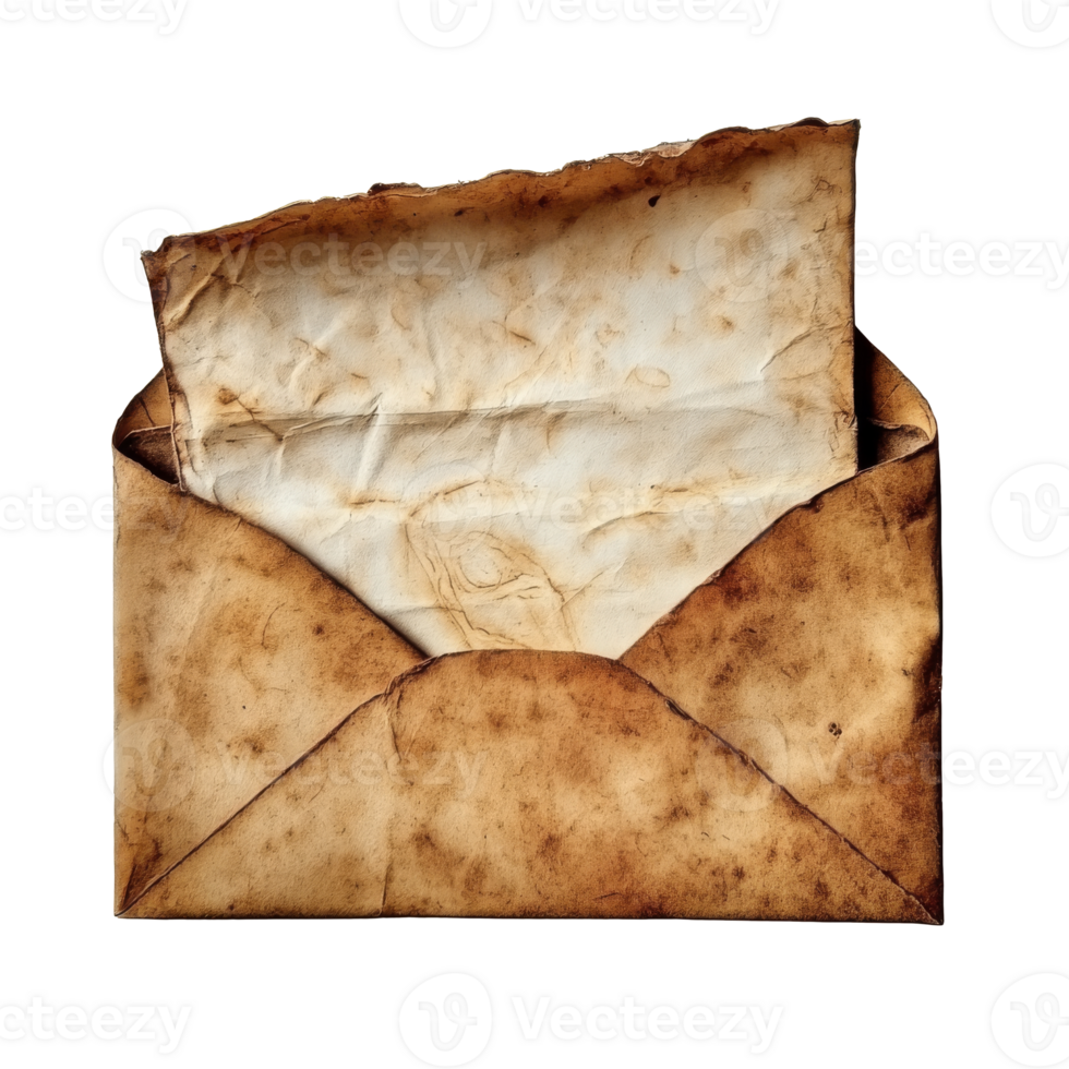 Old envelope with a weathered letter inside isolated transparent png