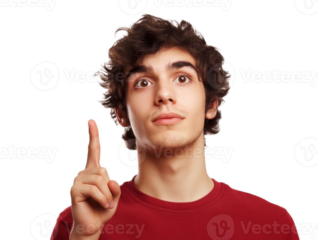 Curly haired youth gesturing in bright room isolated transparent png
