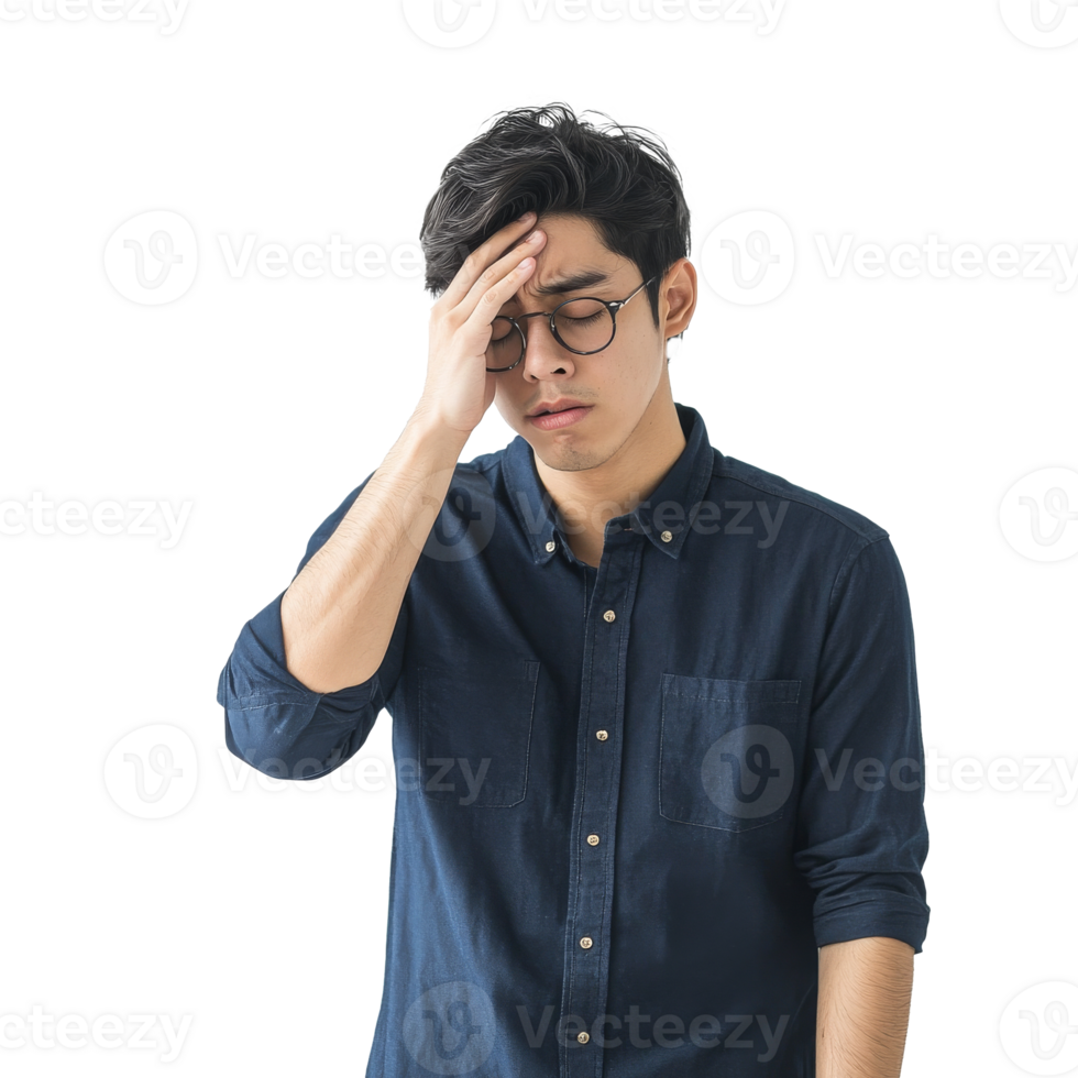 Frustrated young man with glasses indoors isolated transparent png