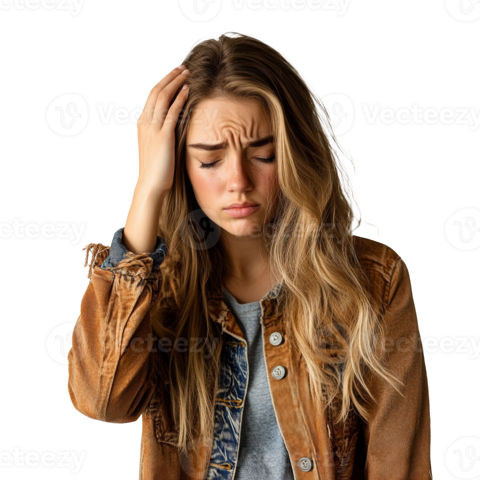 Young woman expressing concern in a casual outfit isolated transparent png