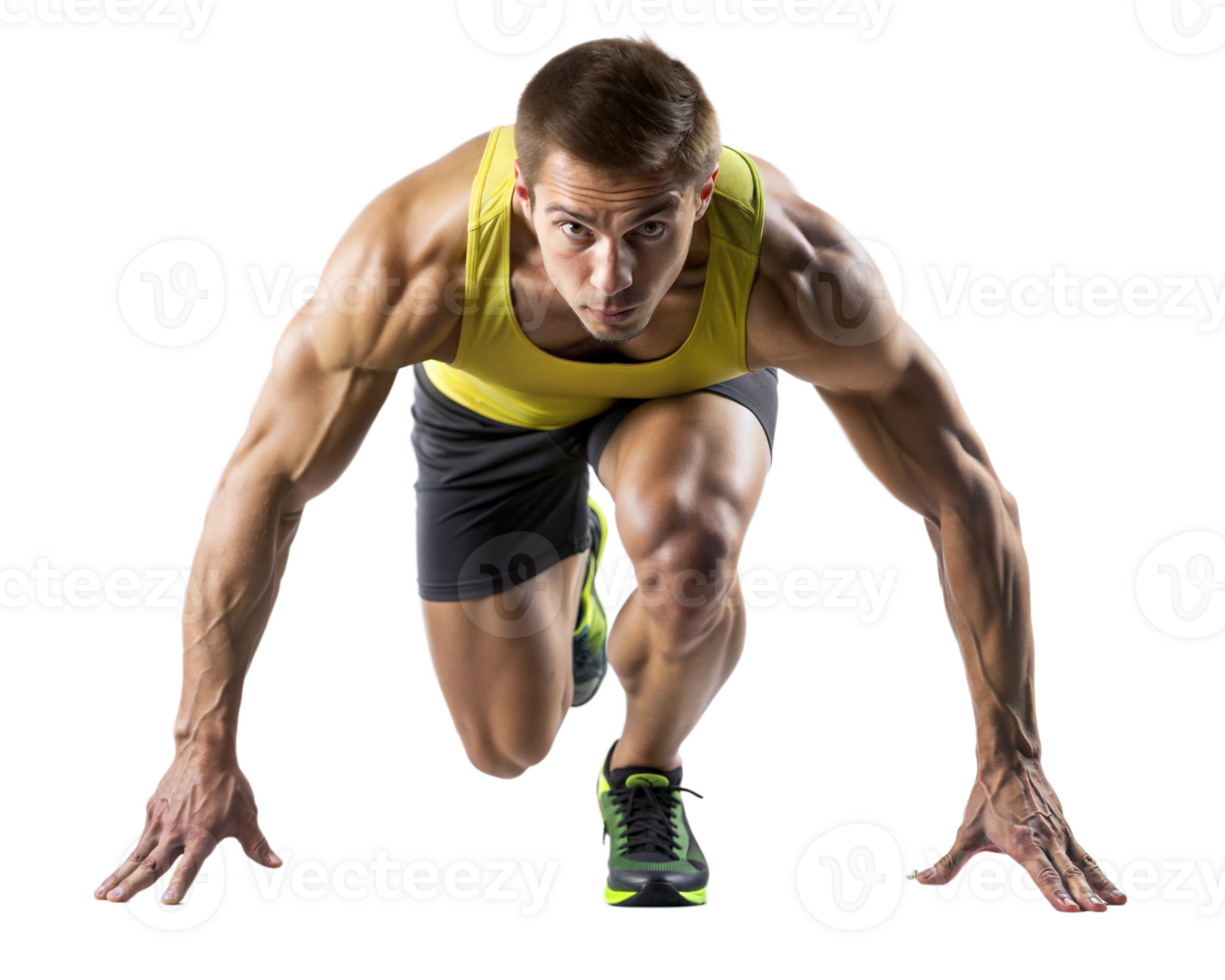 Athletic man preparing to sprint in bright attire transparent png