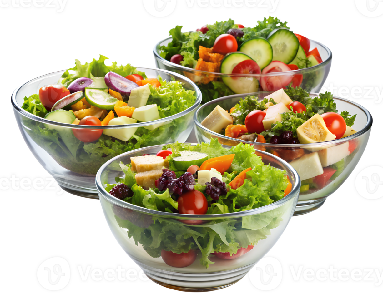 Healthy veggie salads in glass bowls transparent png