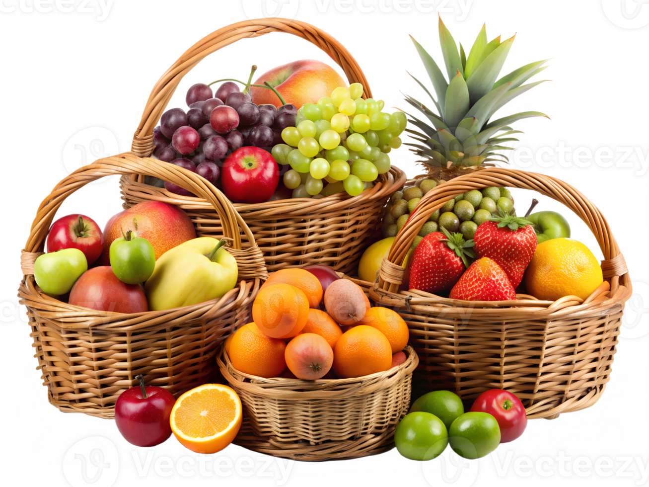 Vibrant fruits in woven baskets transparent png