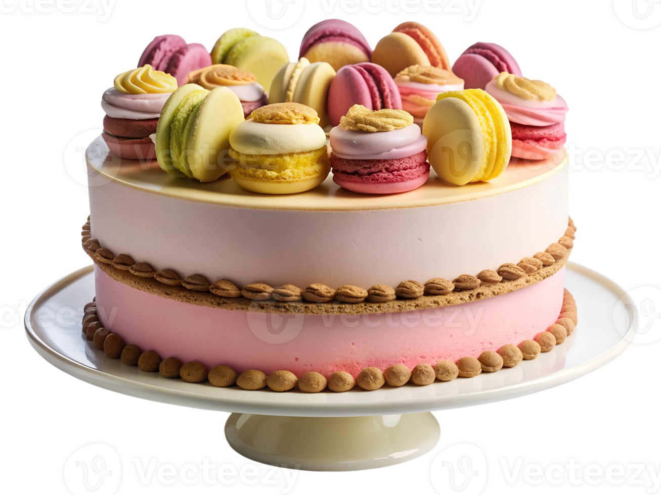 Delicious dessert with macarons on a cake display transparent png