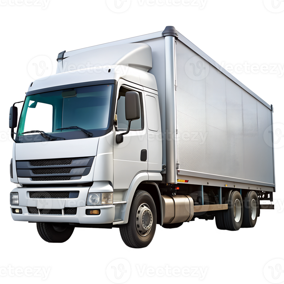 Large delivery truck parked in bright urban area transparent png