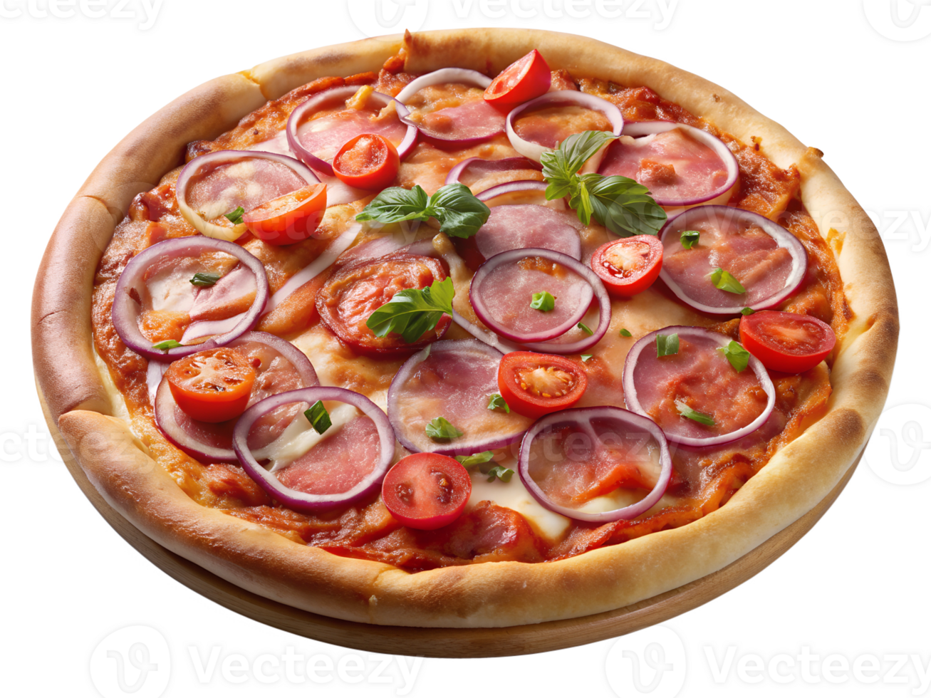 Fresh pizza on a wooden table transparent png