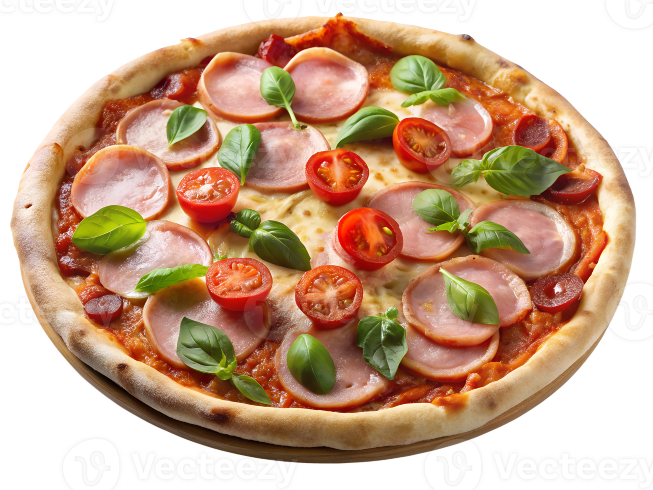 Freshly baked pizza topped with ham and herbs transparent png