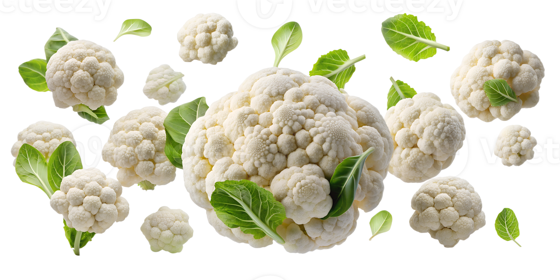 Fresh cauliflower with leaves floating in mid air transparent png