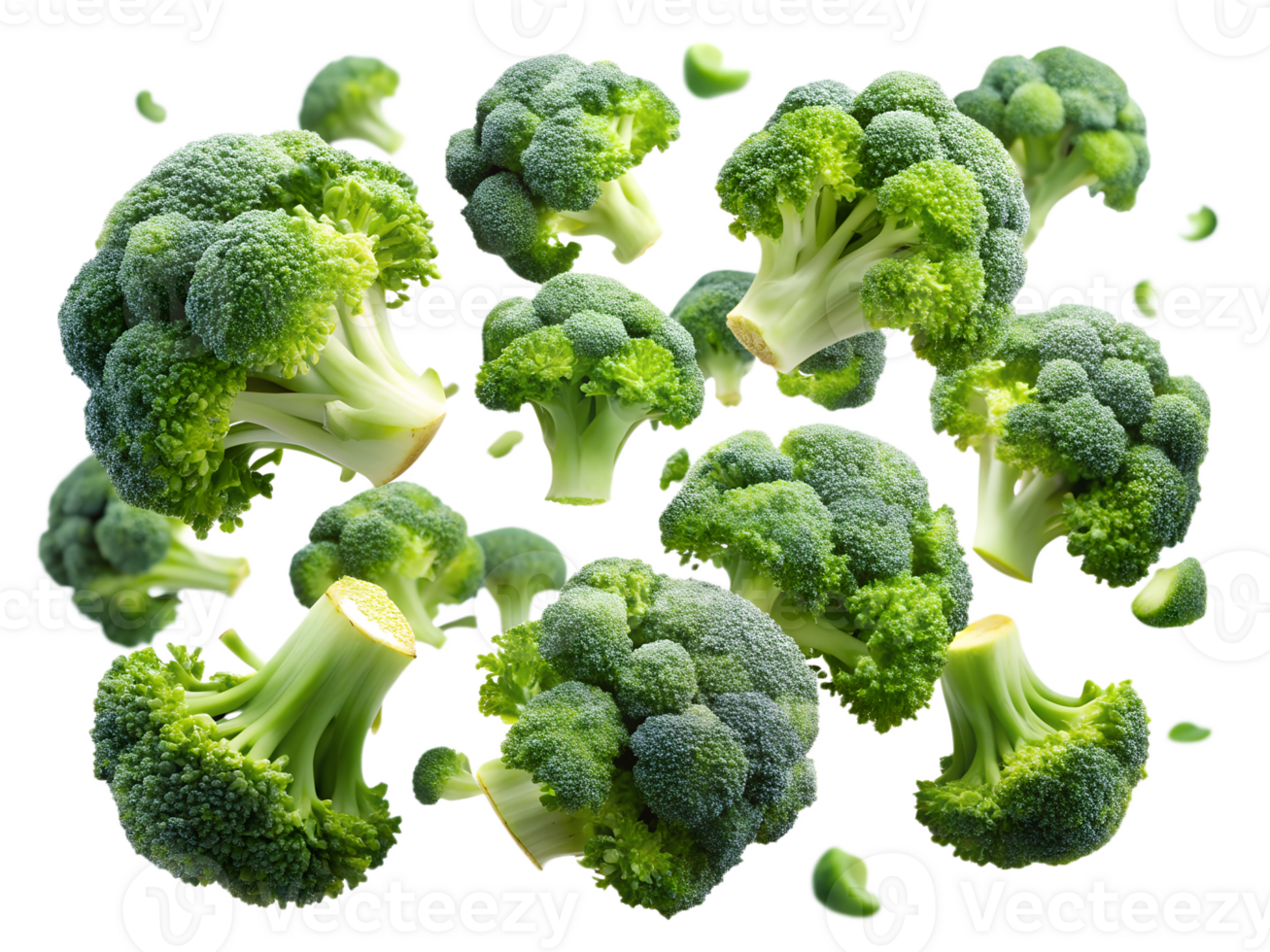Broccoli in mid air on white background transparent png