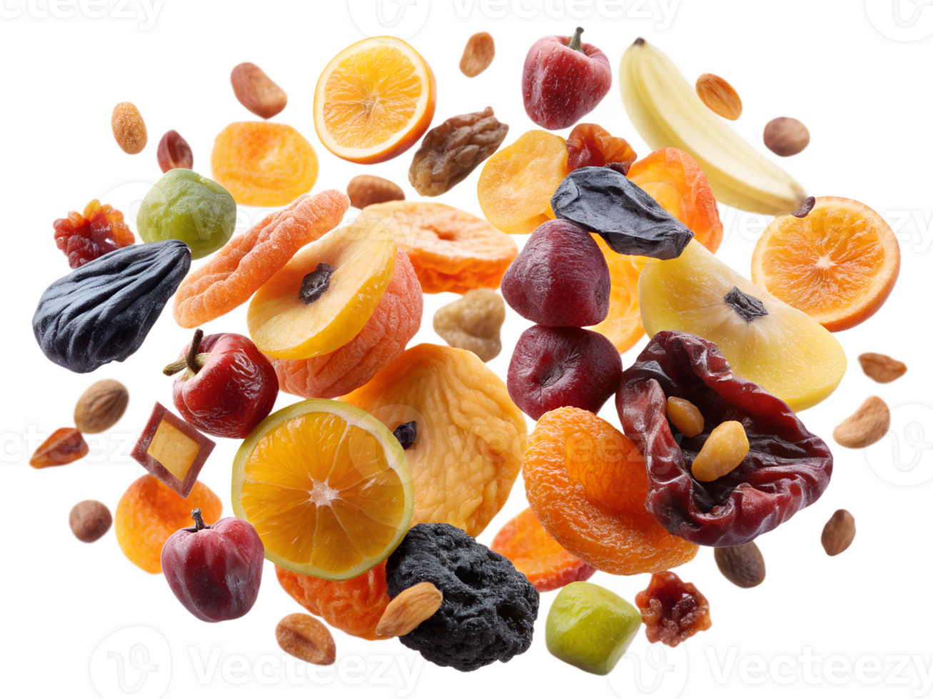 Variety of dried fruits on white transparent png