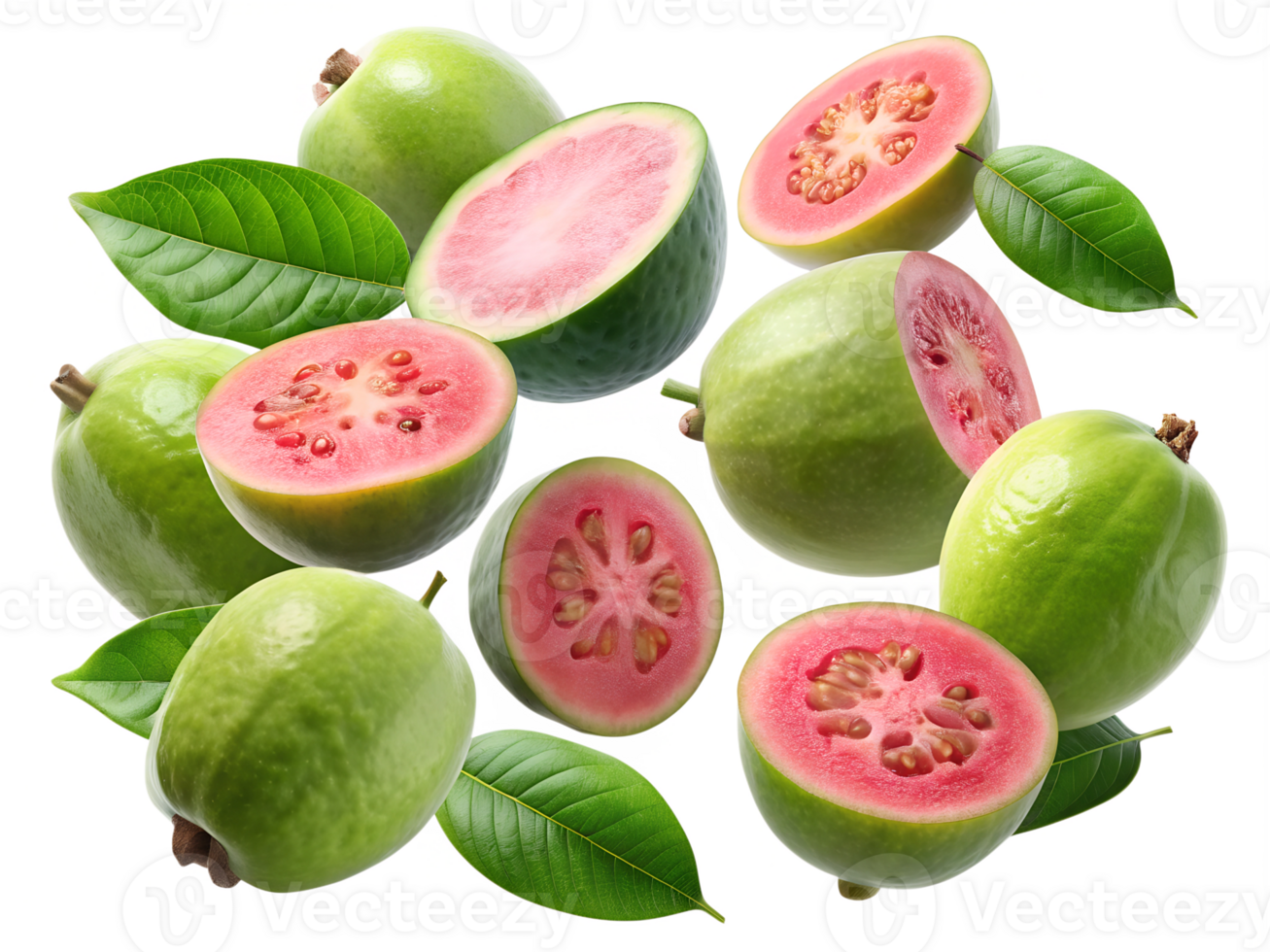 Guavas with green leaves on white background transparent png
