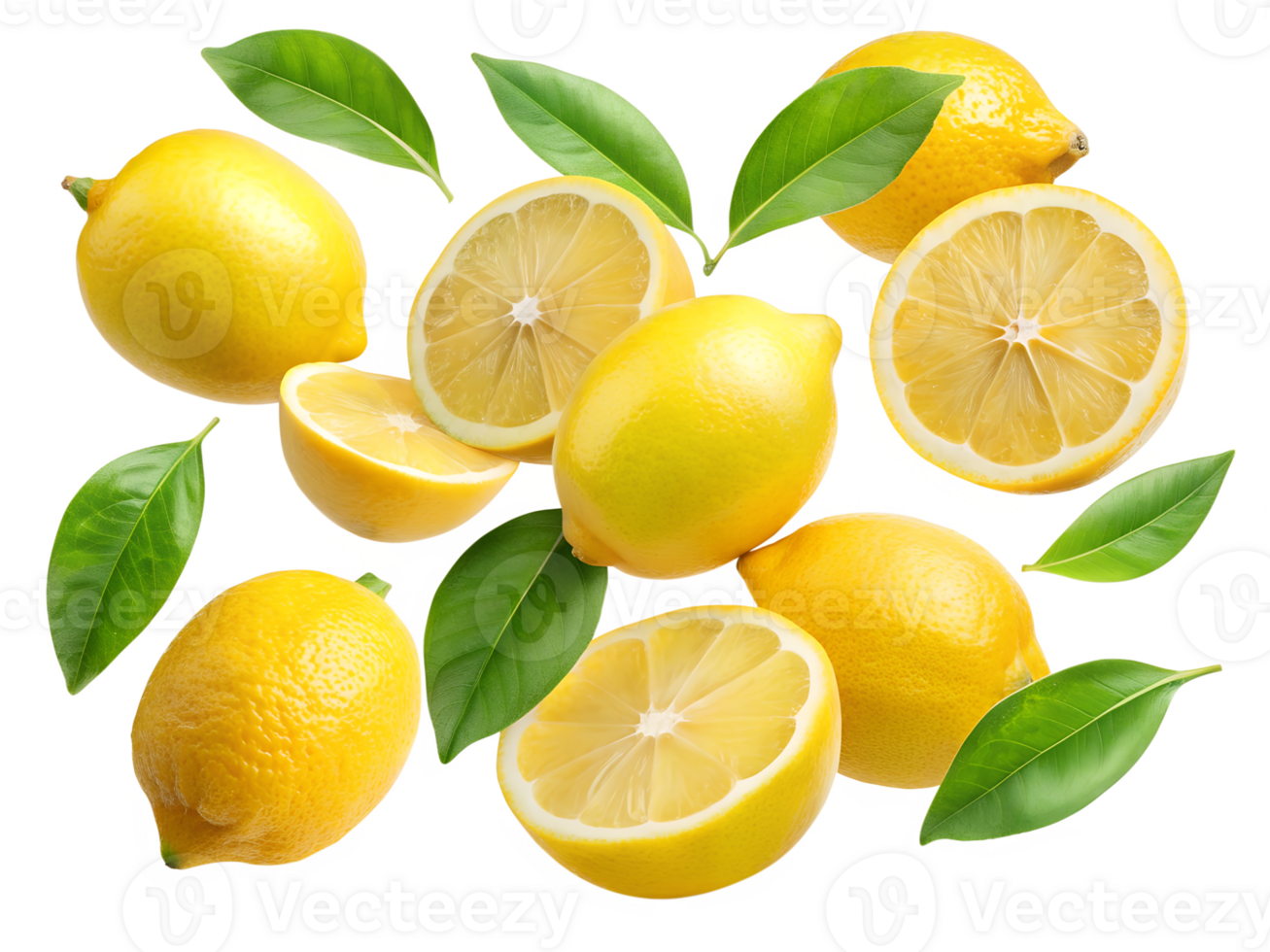 Lemons with green leaves on white transparent png