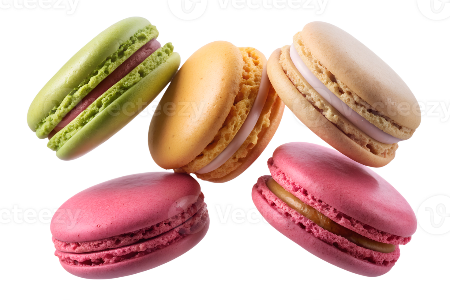 Colorful macarons arranged in a decorative display transparent png
