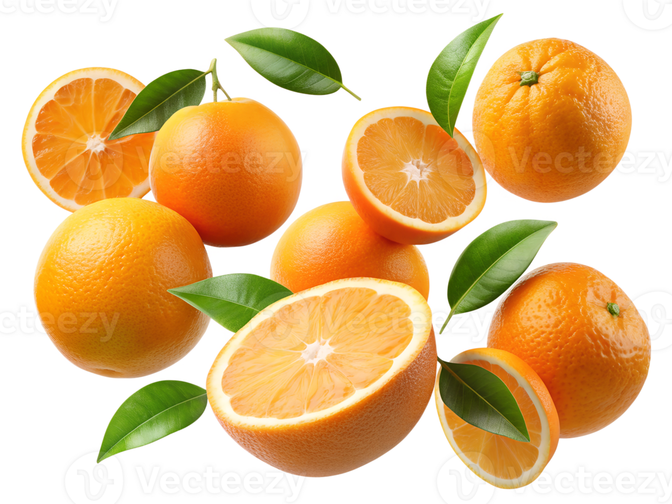 Fresh oranges scattered with vibrant green leaves transparent png
