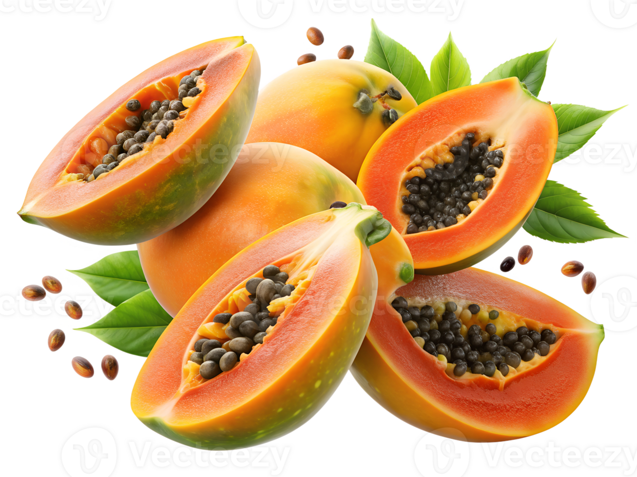 Fresh papayas reveal bright orange fruit transparent png