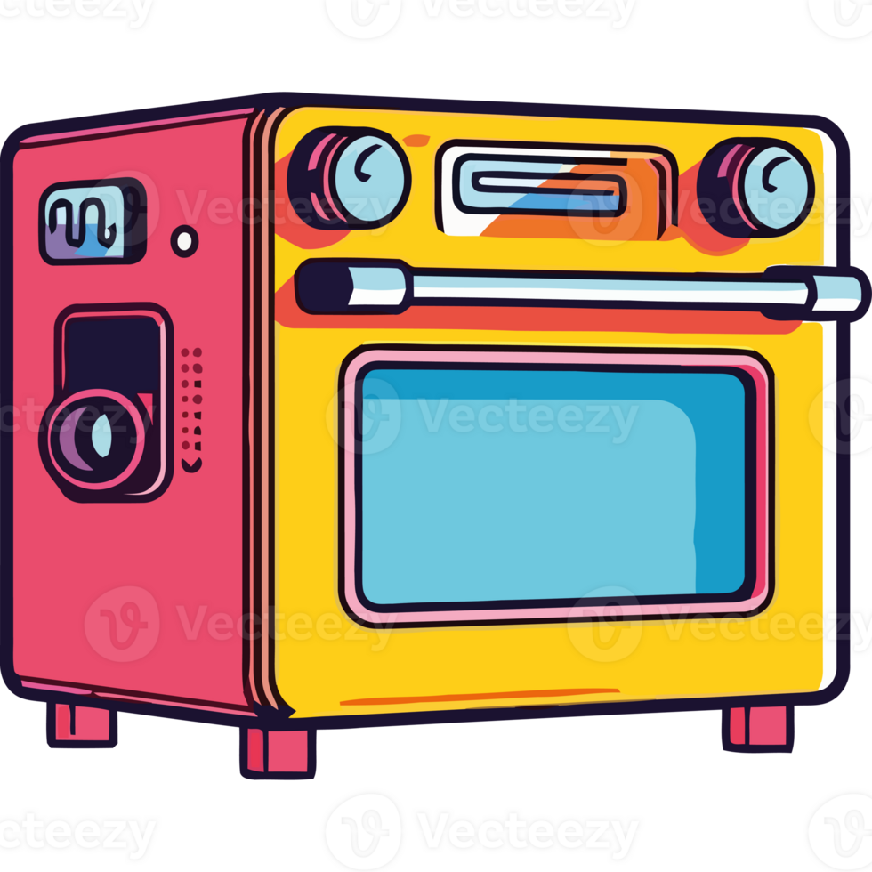 A cartoon oven with a blue and pink background png