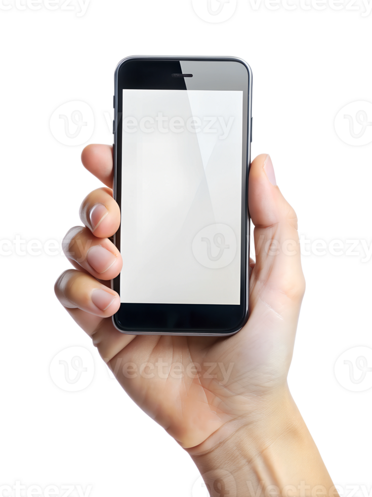 Person holding a smartphone with a blank screen transparent png
