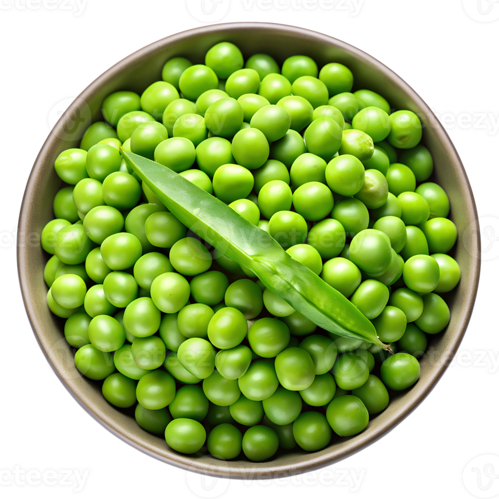 Fresh green peas in a bowl with a single pod transparent png