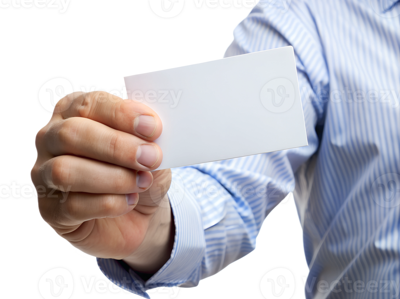 Person holding a blank business card in the office transparent png