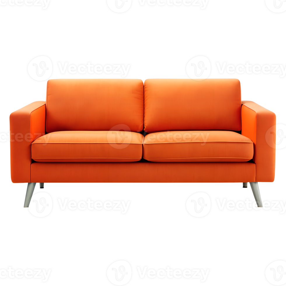 Bright orange two seater couch with metal legs transparent png