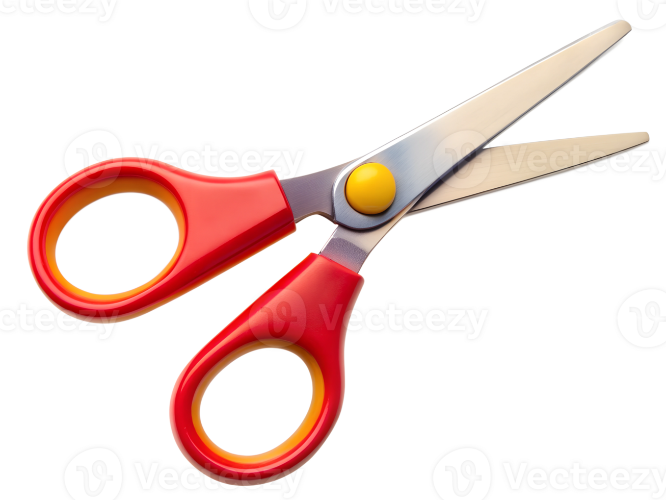 Bright red scissors with yellow accents on display transparent png