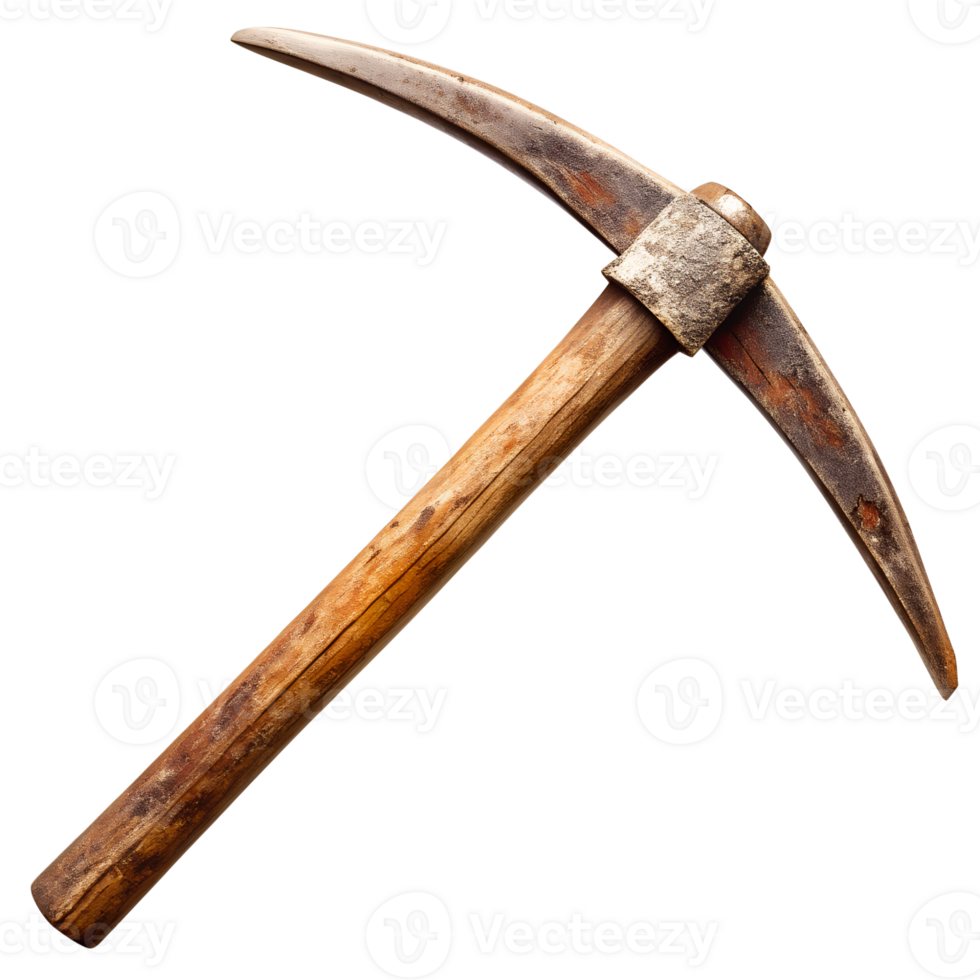 Traditional pickaxe resting on a wooden surface transparent png